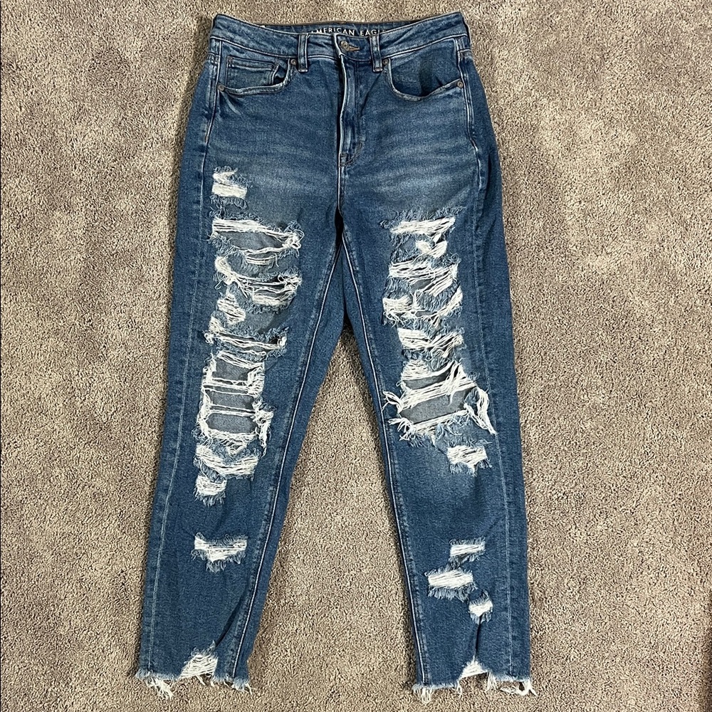 American Eagle Outfitters Ripped Blue Ankle Mom Jeans